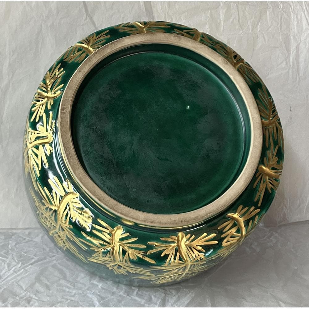 F1446 加賀瑞山 萬古窯 青釉 若松 喰籠 共箱 喰篭 菓子器 蓋物 茶道具