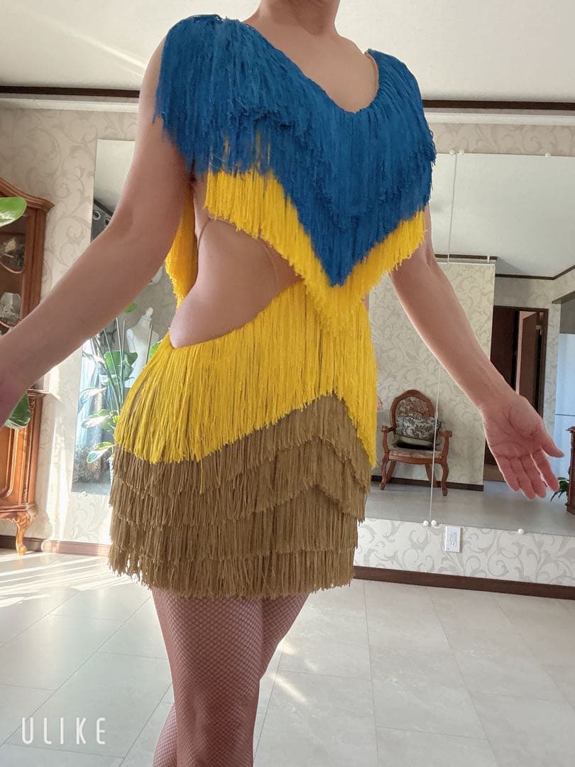 社交ダンス　フリンジ　ラテンドレス　ブルー✖️イエロー✖️ゴールド Ｍ