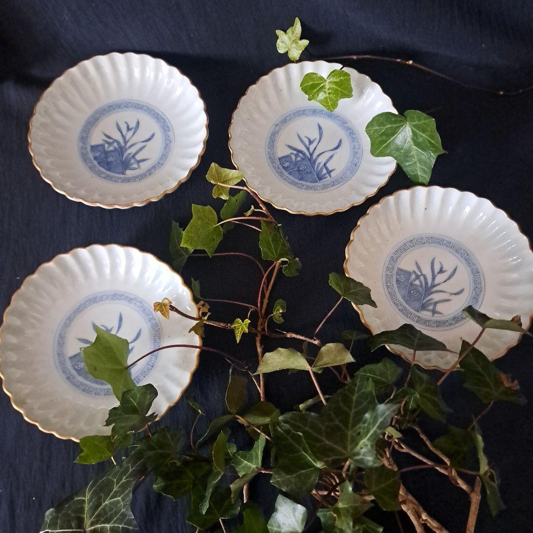 「モダンと素朴さ しのぎ造り！」古伊万里皿(直径13cm) 4客セット 骨董アン