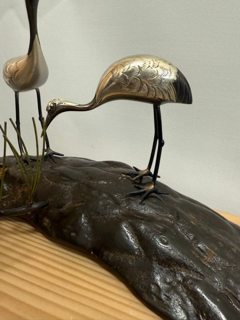 日本茶器 日本古铜精工松鹤纹铸物 日本古铜工艺，精铸松针纹，仙鹤一对，