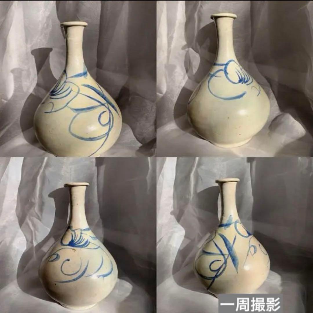 直しあり 李朝　染め付け　染付　花瓶　草模様　壺　徳利　酒器　花　草紋様　朝鮮