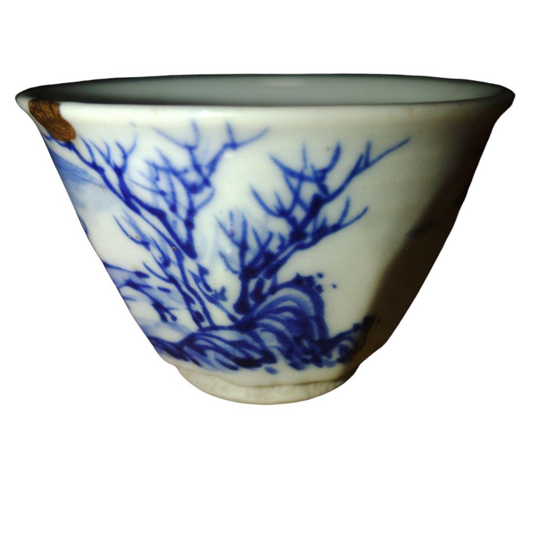 越後豊栄太丘焼　山水染付煎茶茶碗　茶道　明治美術