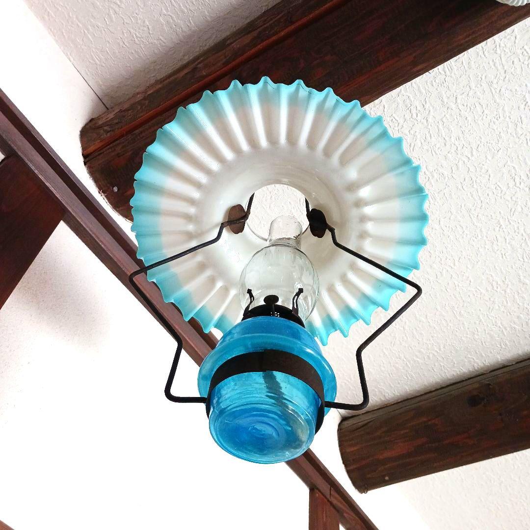 アンティーク吊りオイルランプ　　スカイブルー