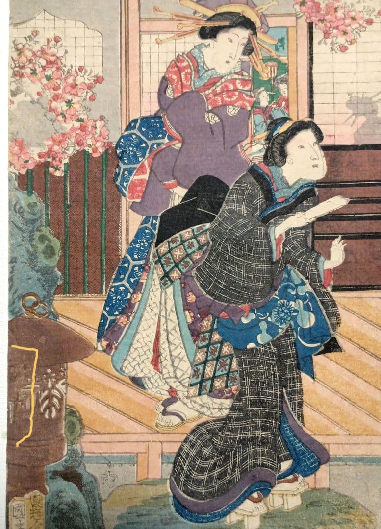 浮世絵版画、當世美人花之賑三枚綴り国輝舎国彦画（歌川国彦)安政2年出版