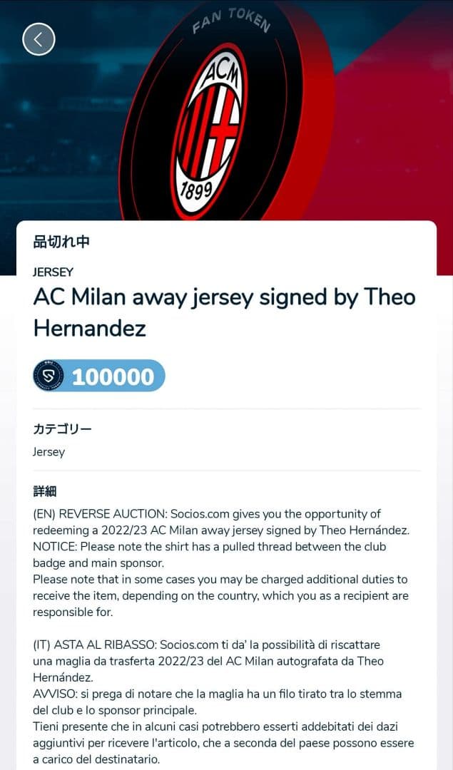 【ブラックフライデー】ACミラン テオ・エルナンデス　直筆サイン入り ユニ　L