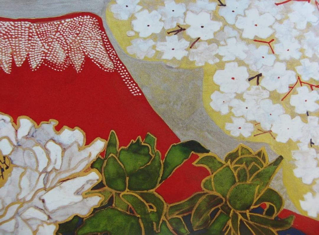 片岡 球子、【花競う爛漫たる富士】、大判、超希少画集・額装画、状態良好