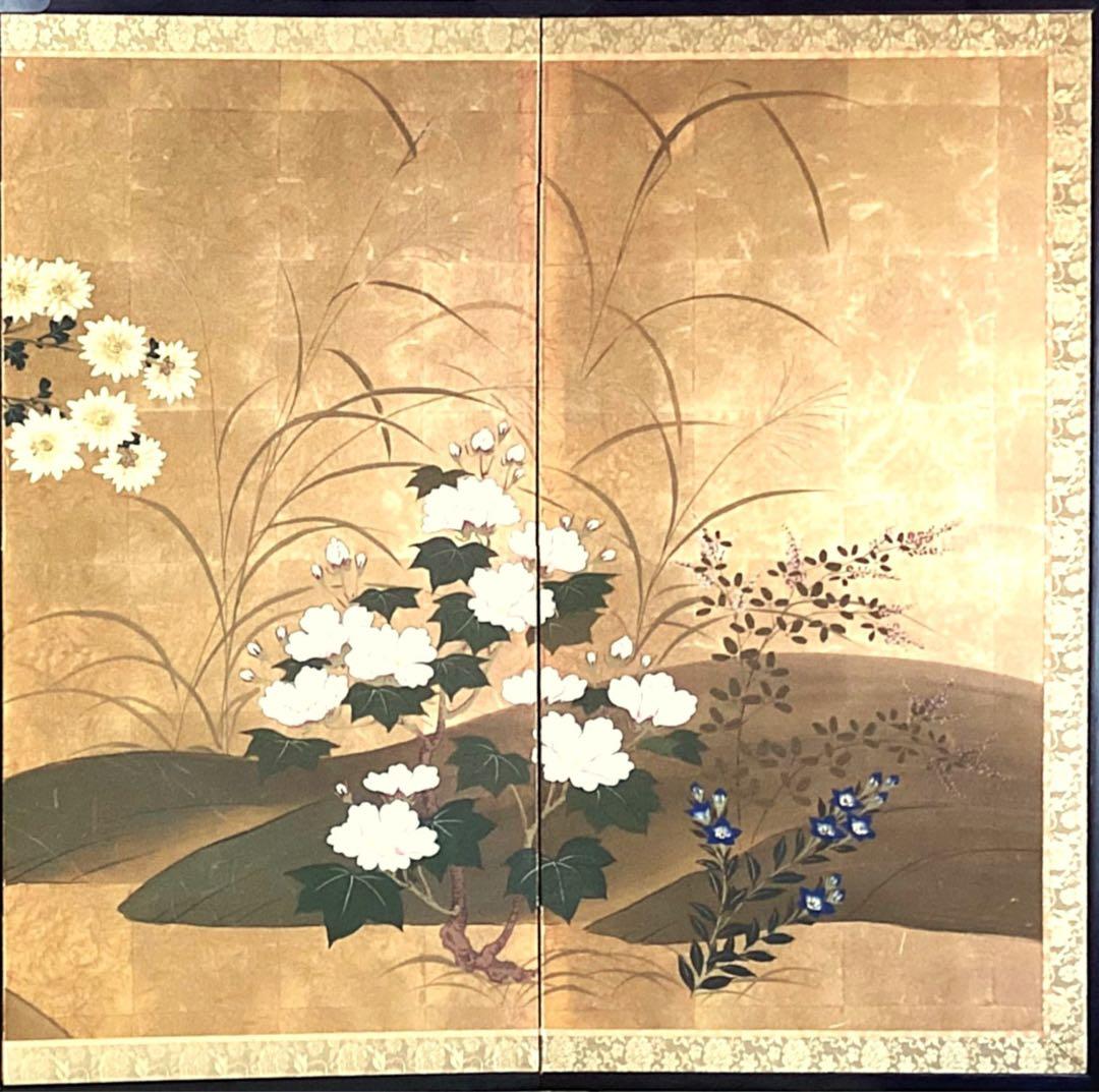 四つ折り屏風　日本画　金箔彩色　『菊花』