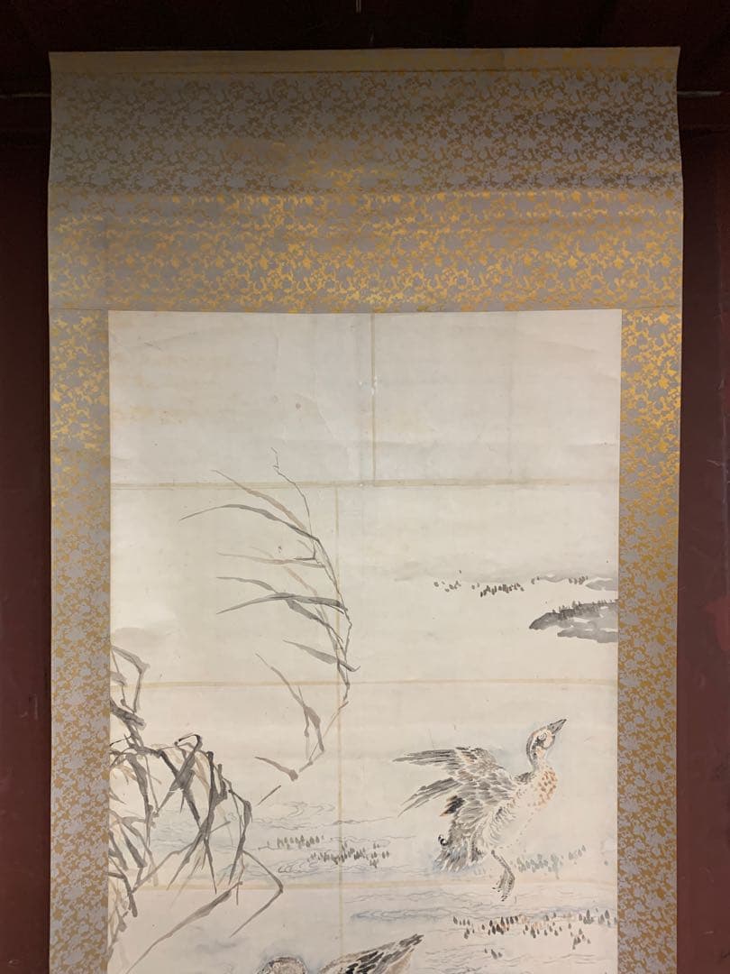 『9087』大幅 群水鳥図 無落款 掛軸