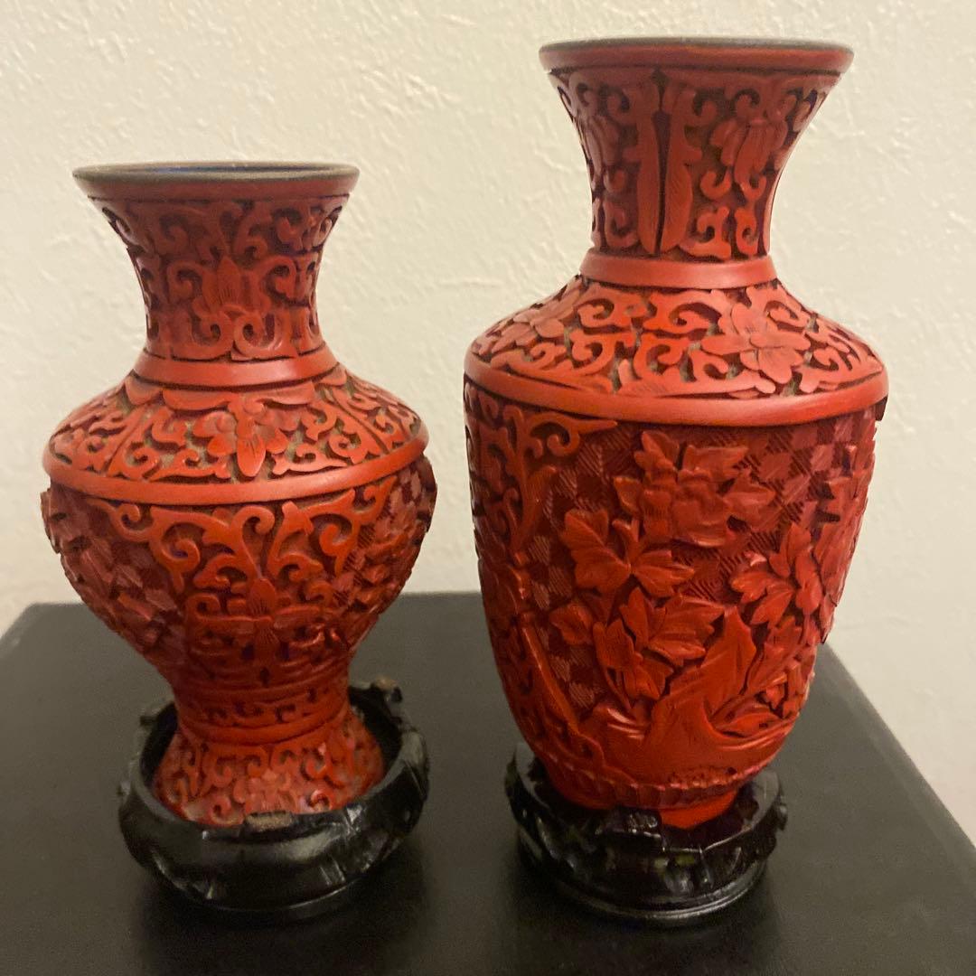 堆朱漆彫り花瓶 中国美術 彫刻 花瓶彫漆 花瓶（花の彫刻） 年代物 美品