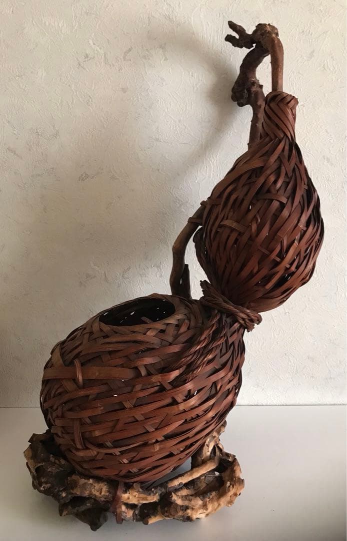 骨董品　竹製天然木　二重構造花入れ　オブジェ　華道