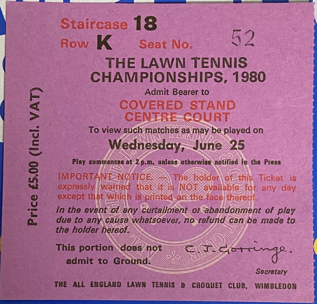 6/25/1980 ウインブルドン・テニス・チケットと当時の公式プログラム
