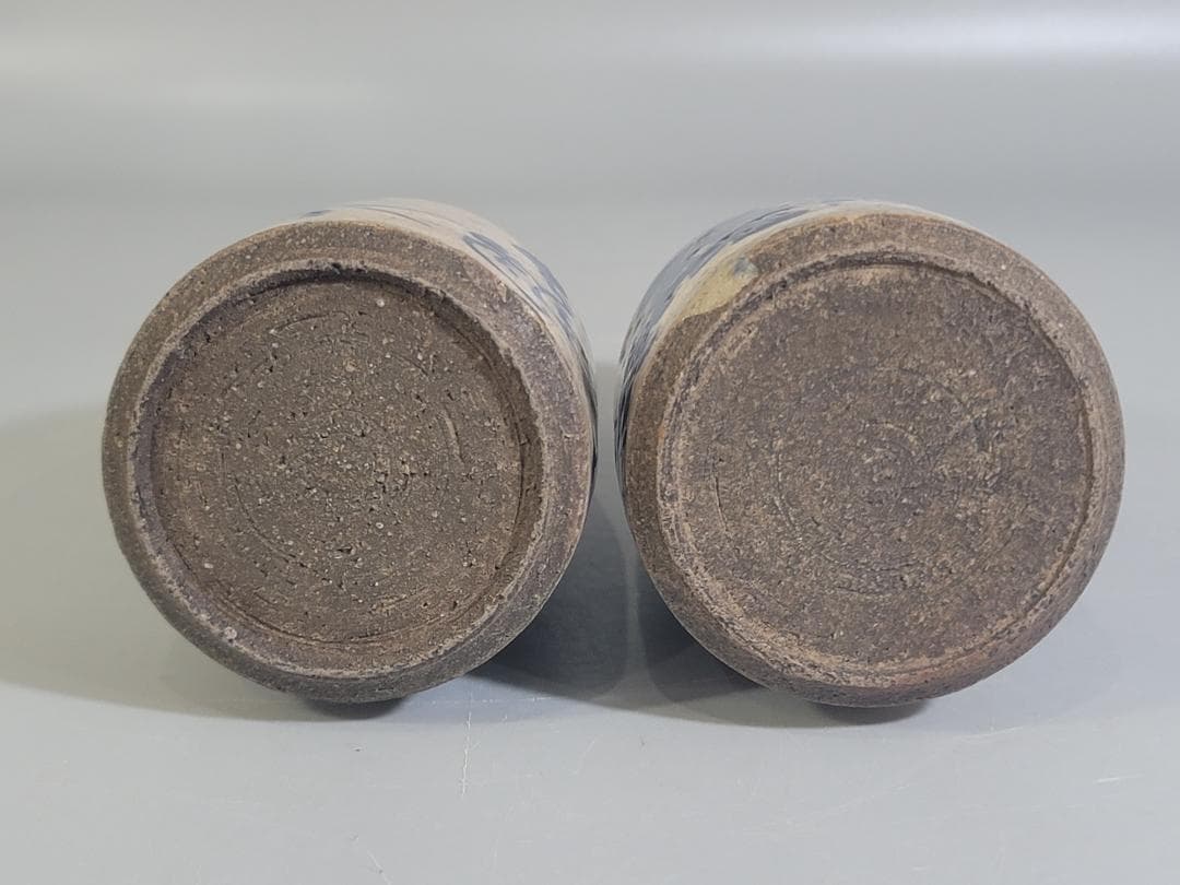 京焼 仁清造 染付 菊草模様 瓶 一対 DT441