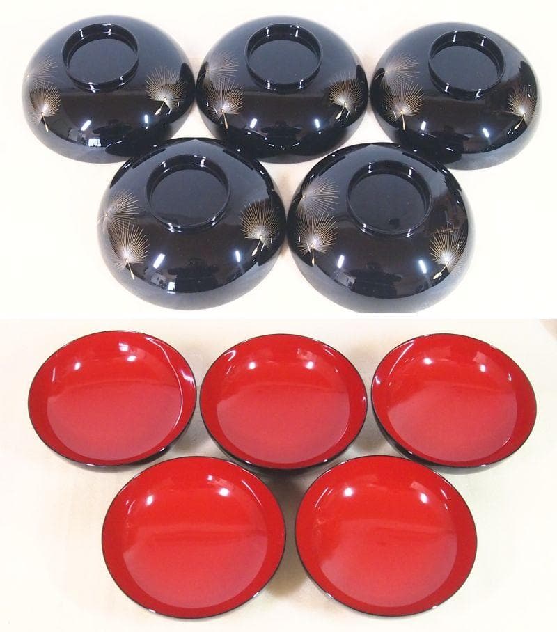 【未使用】輪島塗 元岡光漆堂 飛花沈金 雑煮椀 5客 煮物椀/大椀 食器/漆器