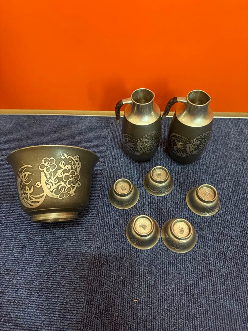 1854  本錫　酒器セット　徳利2客　猪口5客　ボウル1客