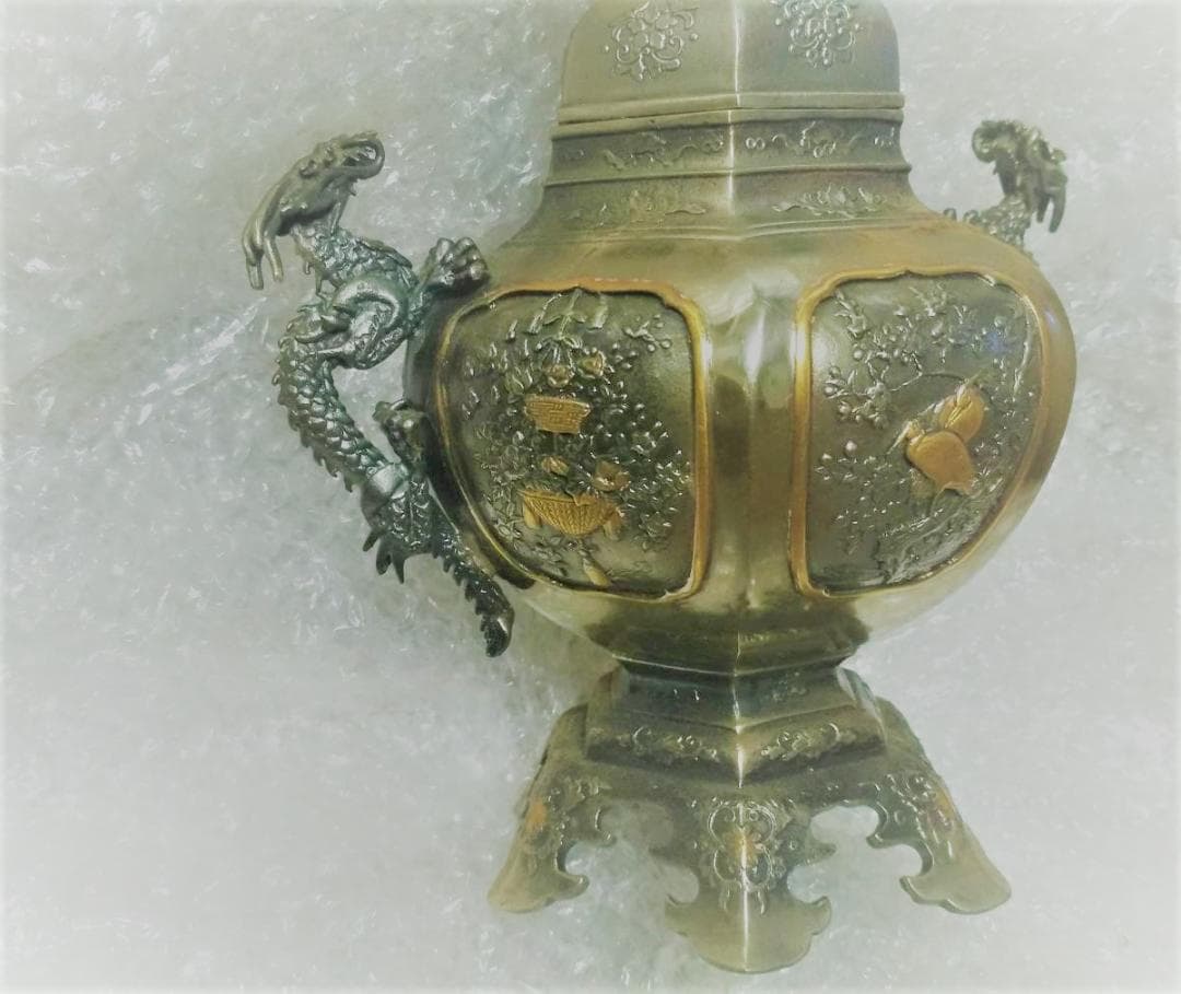 新品 香炉 一乗 銘 桐箱付き 銅錫製? 双竜 龍 伝統金属工芸品 風水 レア