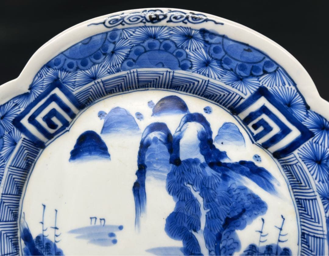 時代物 青華染付 飾り皿 骨董品 アンティーク 山水図 古染付 大皿