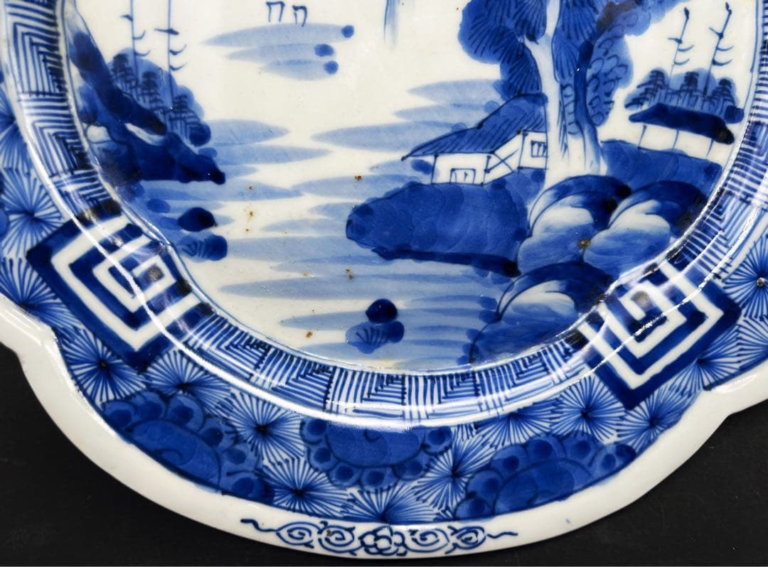 時代物 青華染付 飾り皿 骨董品 アンティーク 山水図 古染付 大皿
