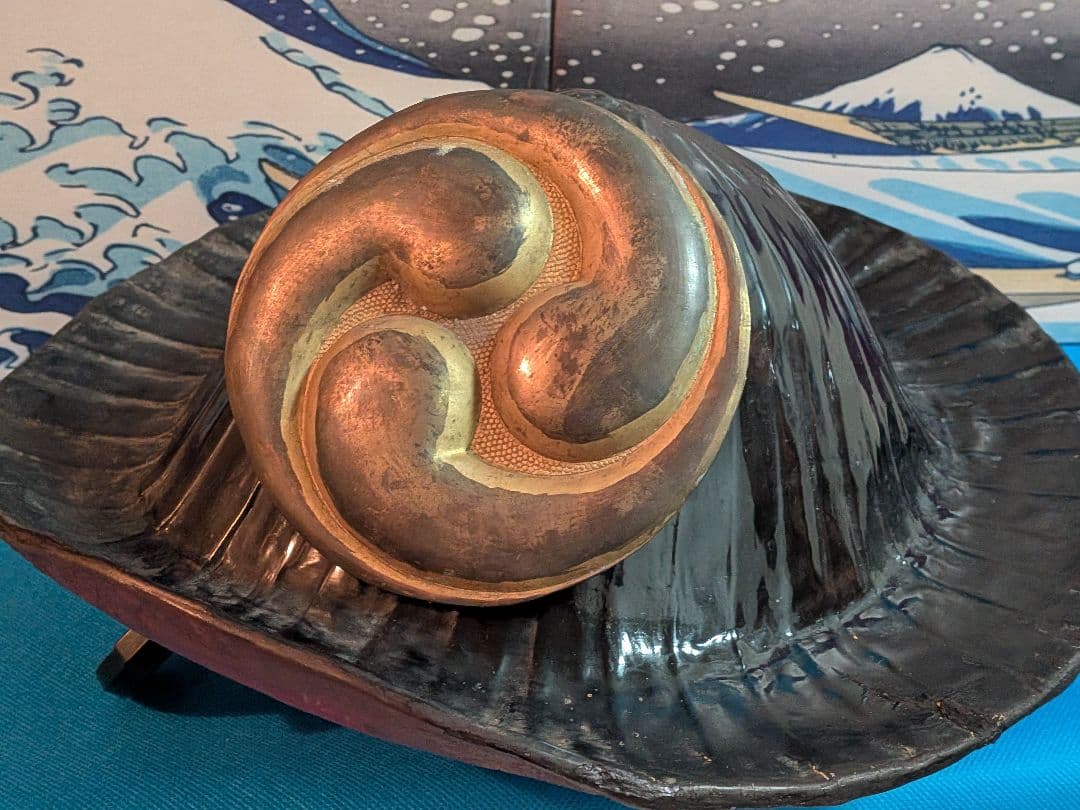 江戸時代中期〜後期頃黒漆塗り武家旧家蔵出し肥後熊本藩領陣笠前立て改良型当時物