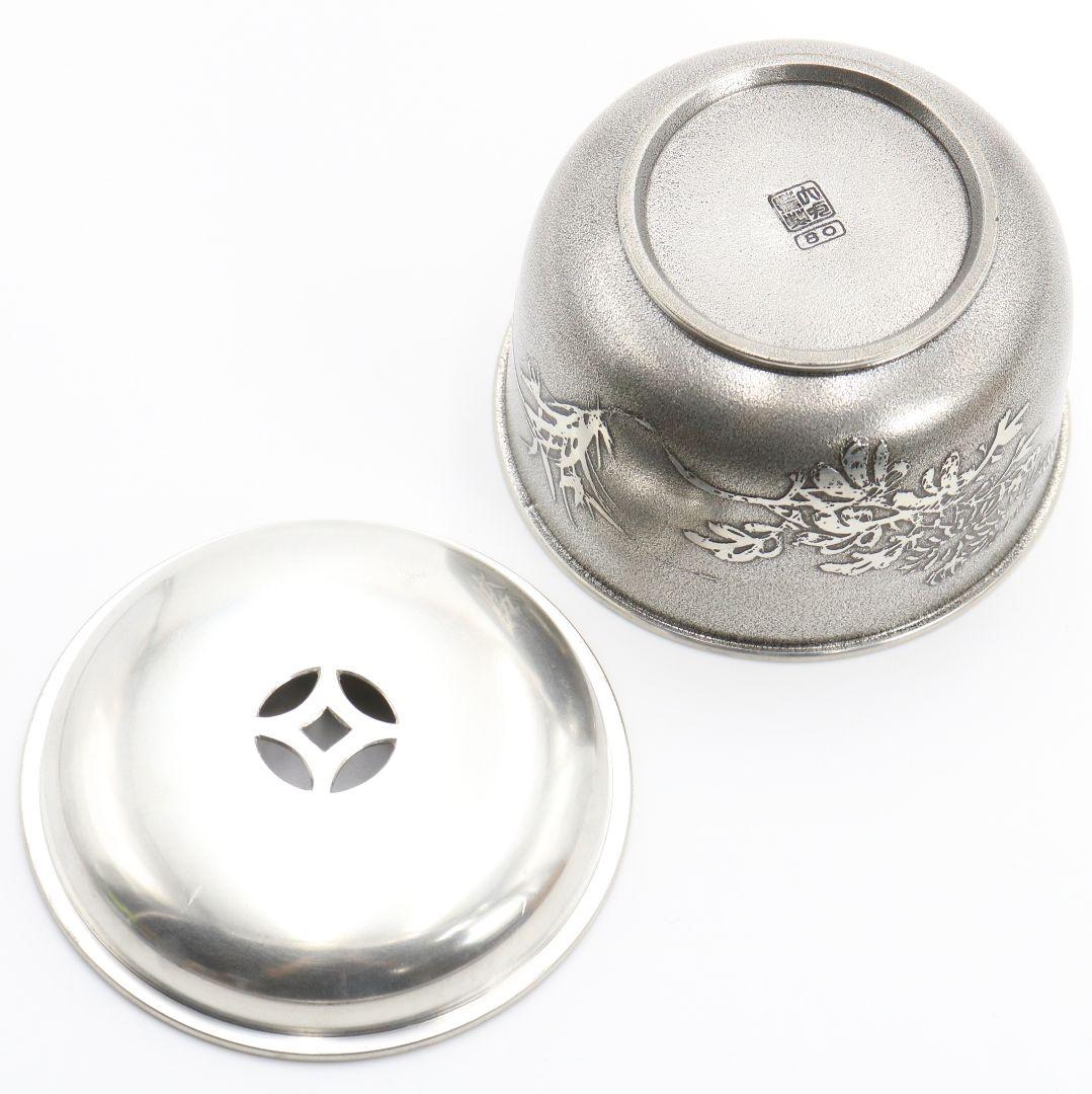 大丸精製 四君子文茶こぼし 七宝透蓋 錫製建水 煎茶道具 約288g　M257