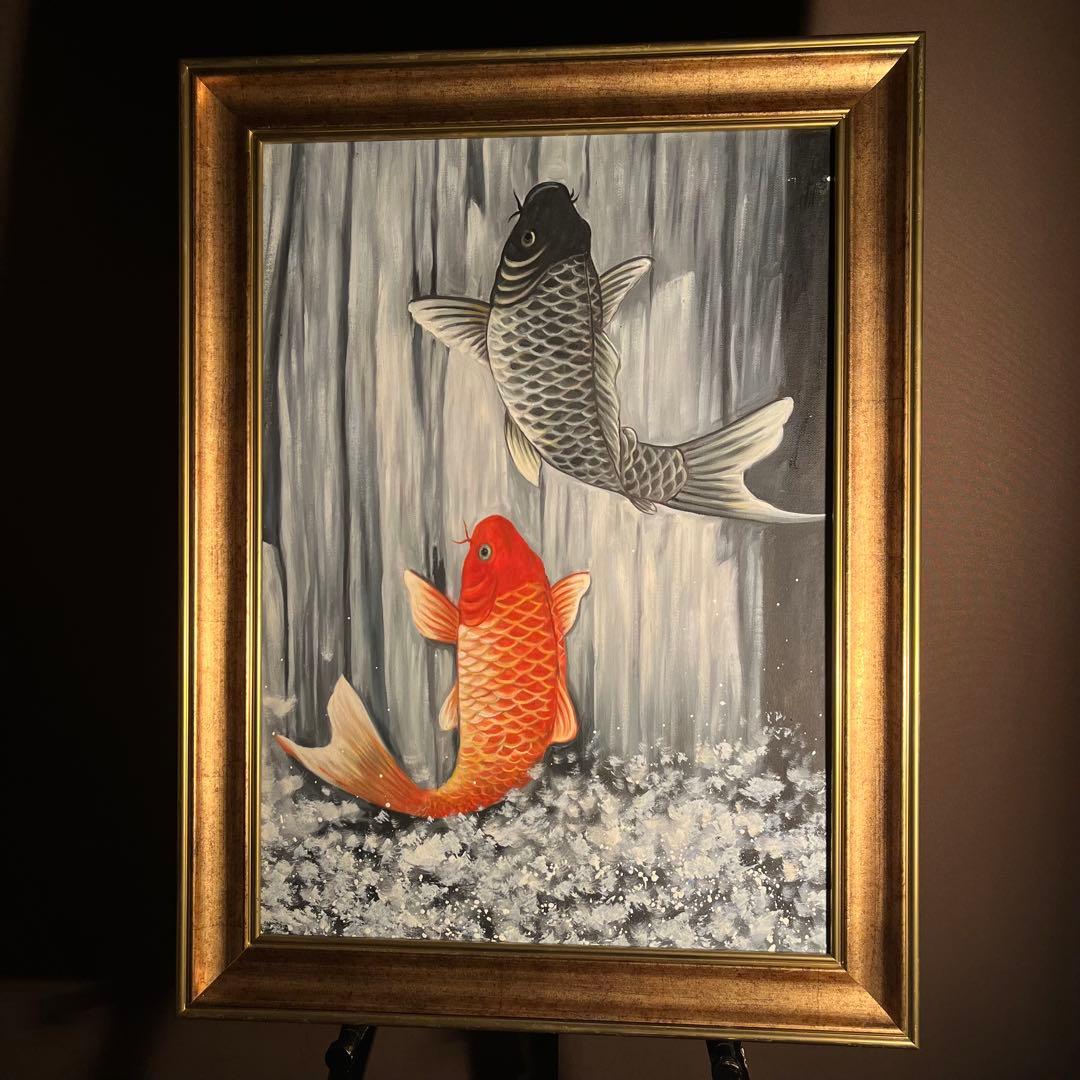 ★大型絵画★手書き油絵 鯉の滝登り 額付 絵画 インテリア 開運 金運 風水