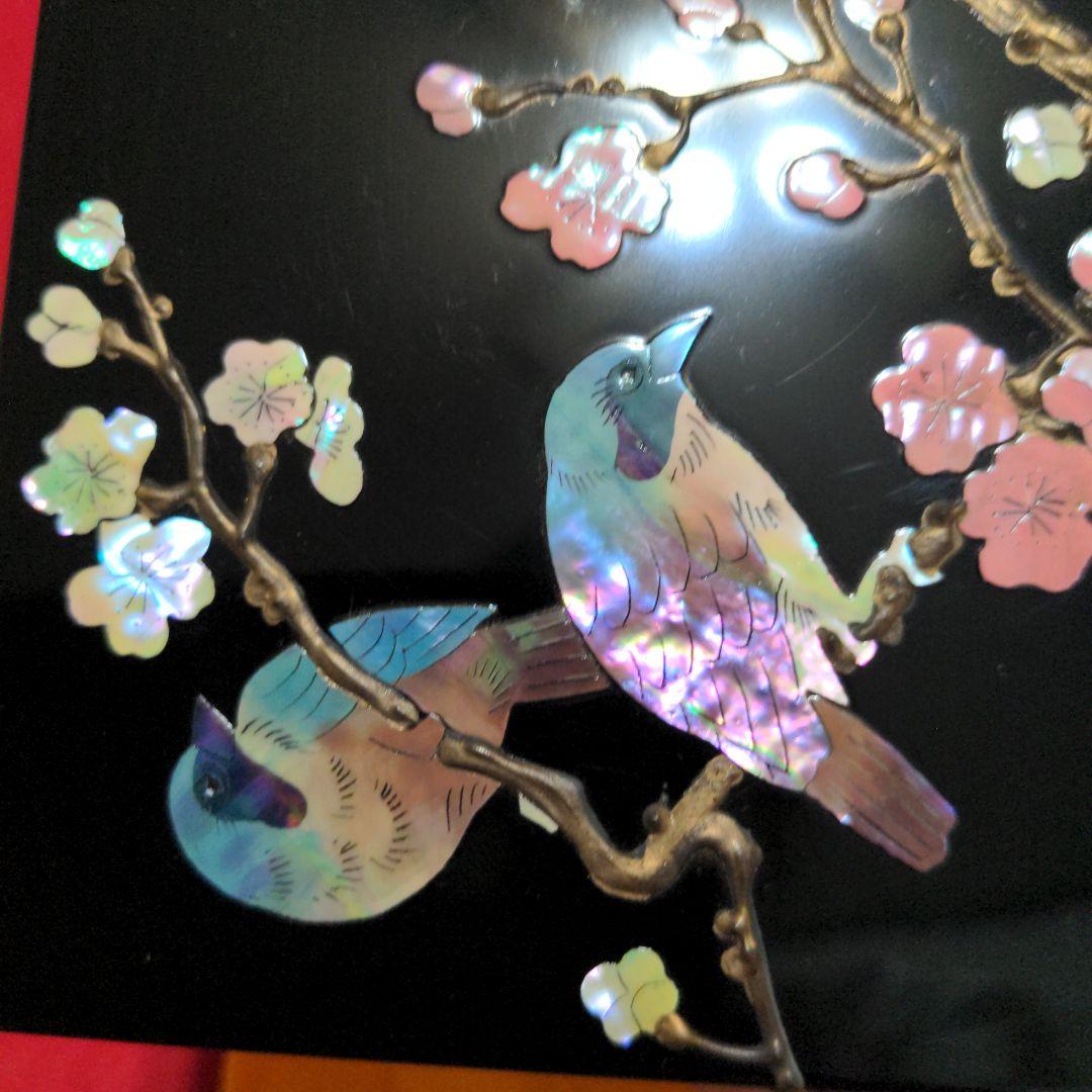 高岡漆器　武蔵川秀山作　青貝塗錆絵花鳥図　宝石箱　小物入　梅に樫鳥