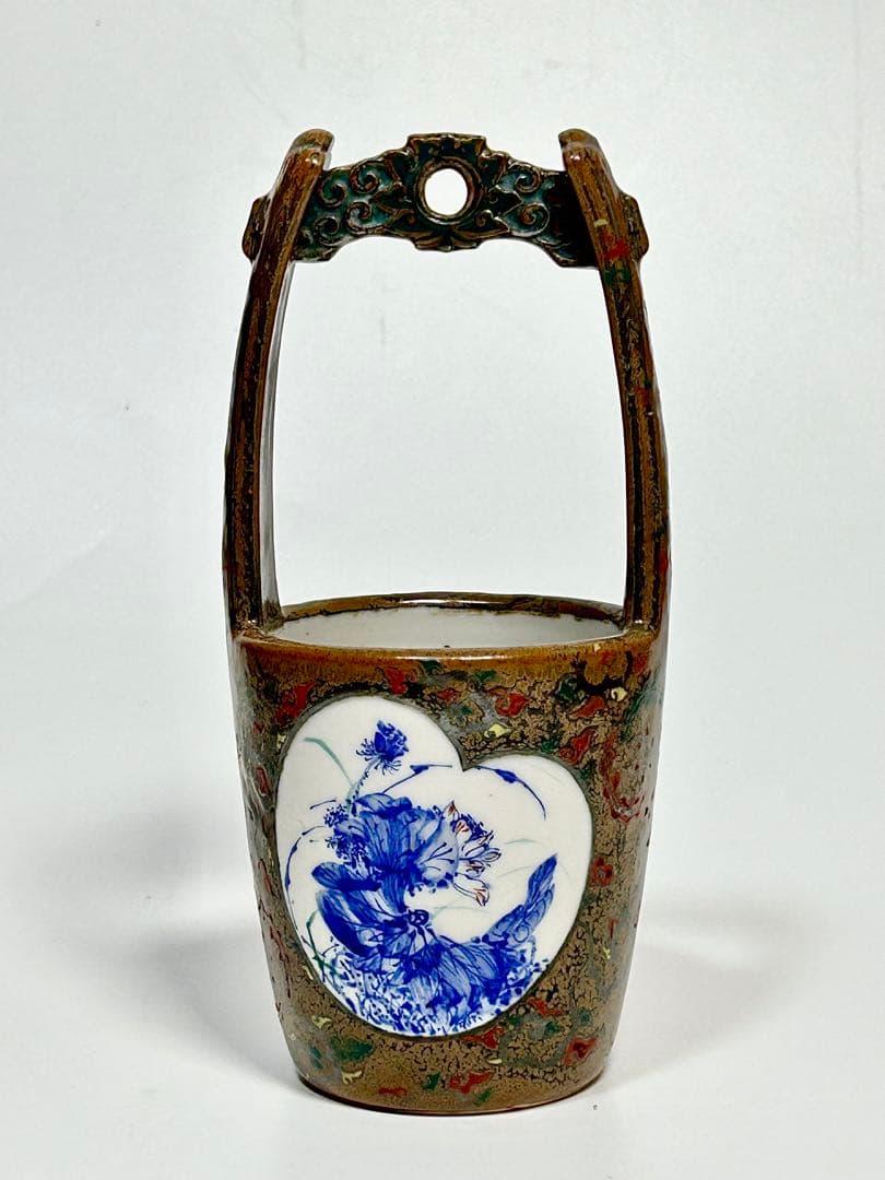 川本半助 明治瀬戸の名工 錆釉上絵手桶形花瓶 瀬戸焼