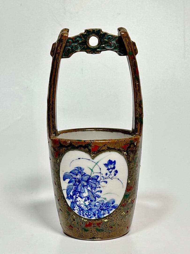 川本半助 明治瀬戸の名工 錆釉上絵手桶形花瓶 瀬戸焼