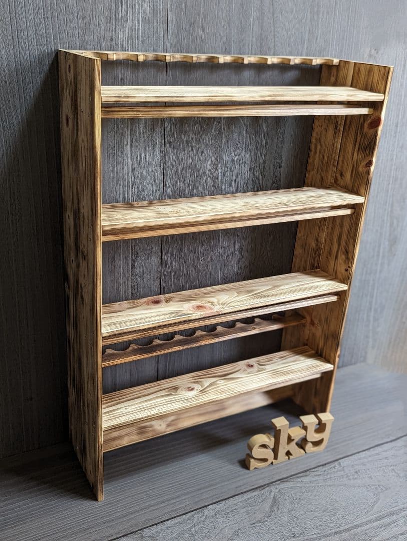 ロッドスタンド 10本 炙り加工 一体式リール&ルアースタンド 4段 完成品