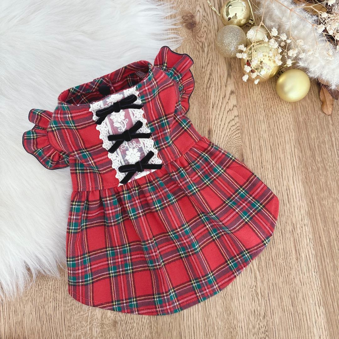 ハンドメイド　フランネルチェックフリル付きノーカラーワンピース　クリスマスにも♡