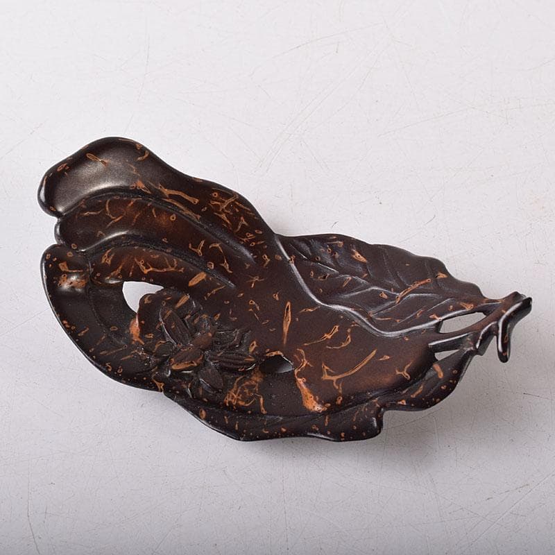 中国　書道具　唐木瘤木製　葉形　墨置　筆置　V　8033