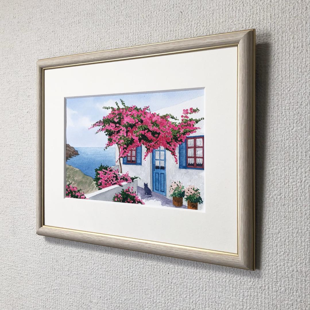 透明水彩画　原画　「エーゲ海とブーゲンビリア05」額縁付　SMサイズ