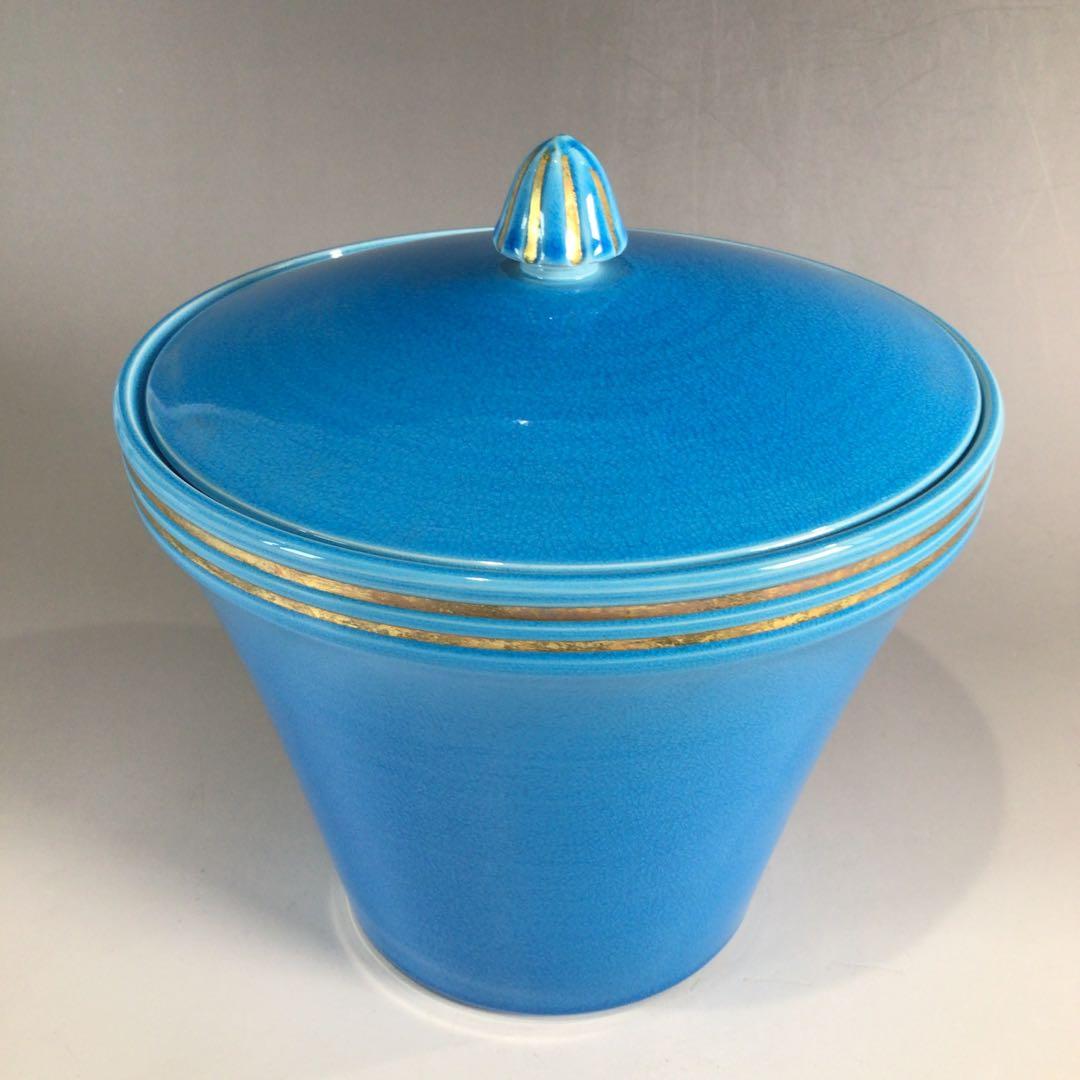 Ｐ３５４　水指　『御室窯造』『浅黄交趾』『末広水指』　共箱　茶道具