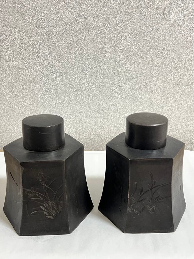 時代物 唐物 在銘 点銅 錫 茶心壺 茶入一対 煎茶道具 旧家蔵出