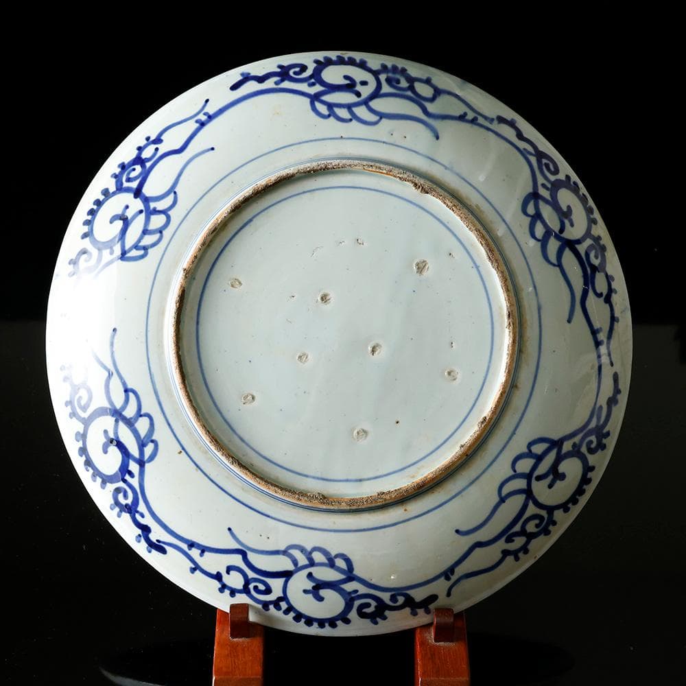 江戸幕末明治時代 古伊万里 有田 染付 尺寸大皿 微塵唐草 ベロ藍約35㎝ 飾皿