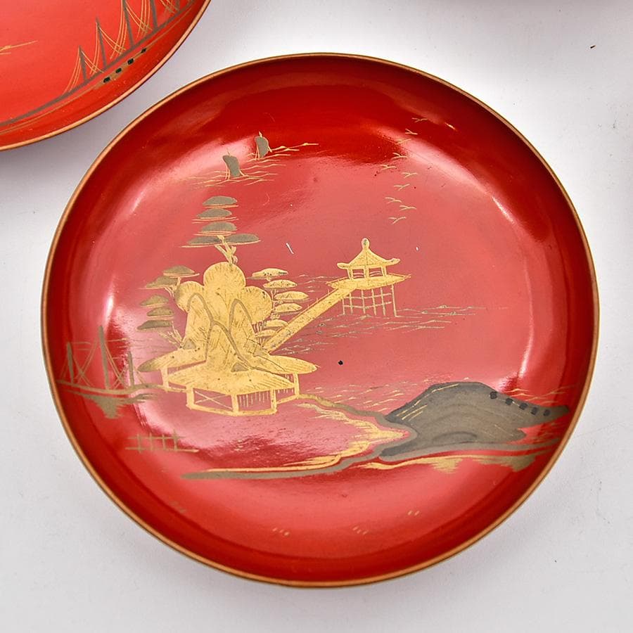 時代年代物 木製朱塗 盃台 盃 七客 楼閣山水 瑞鶴図 金蒔絵 お屠蘇 お正月