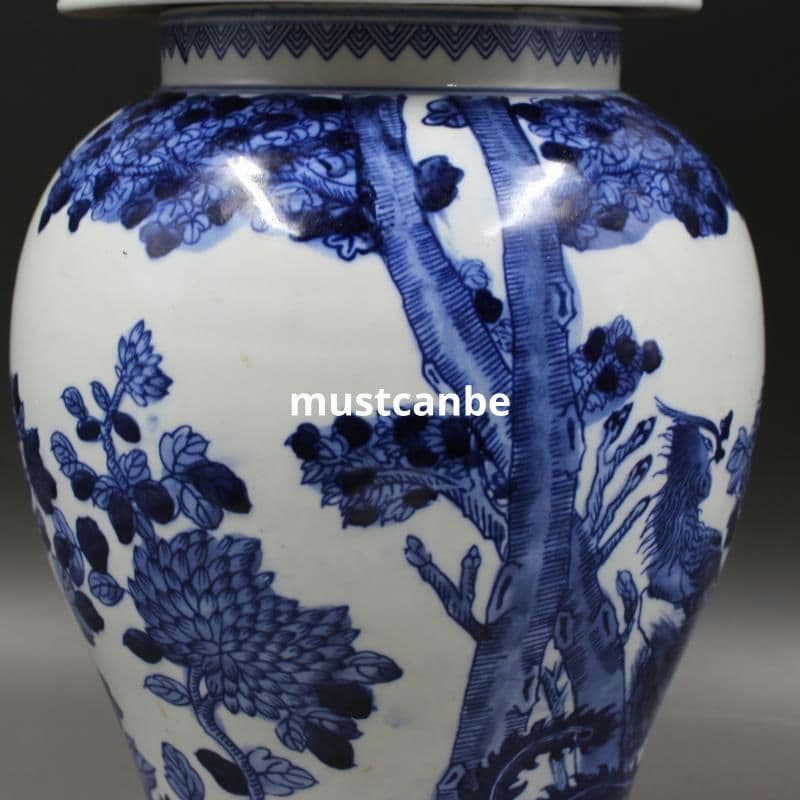 清康煕青花鳳凰牡丹将軍缶 景徳鎮 陶磁器 装飾品 現代工芸品 美術品 置物