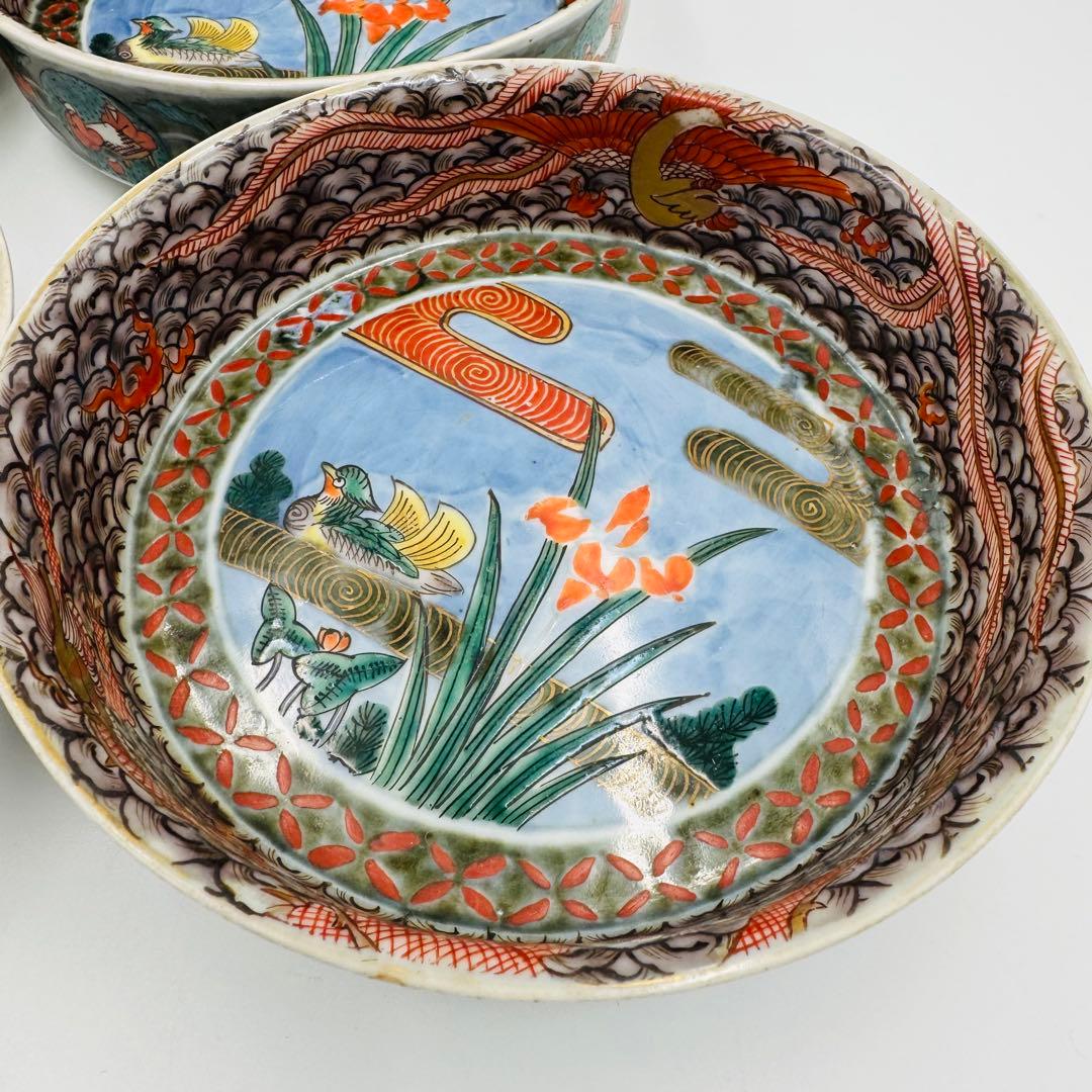 【時代　伊万里焼　鴨に杜若　龍　鳳凰なます皿　四客】食器　料亭　銘々皿　向付