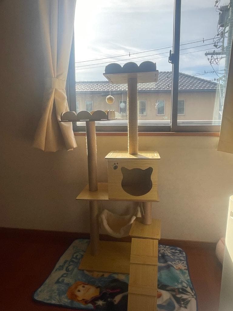 ★猫の楽園★ 天然木材 キャットタワー 多頭飼い 展望台 ハンモック 組立簡単