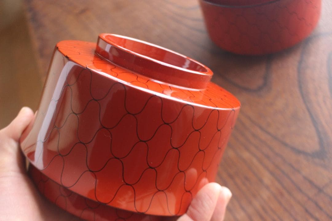 デッドストック！上質朱漆に風情ある網目文の映える筒形大椀2点（検京塗煮物椀