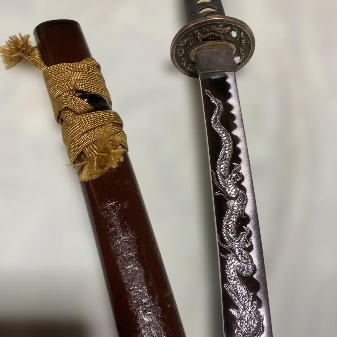 模造刀 濃緑柄 角松透し楕円鍔 茶鞘