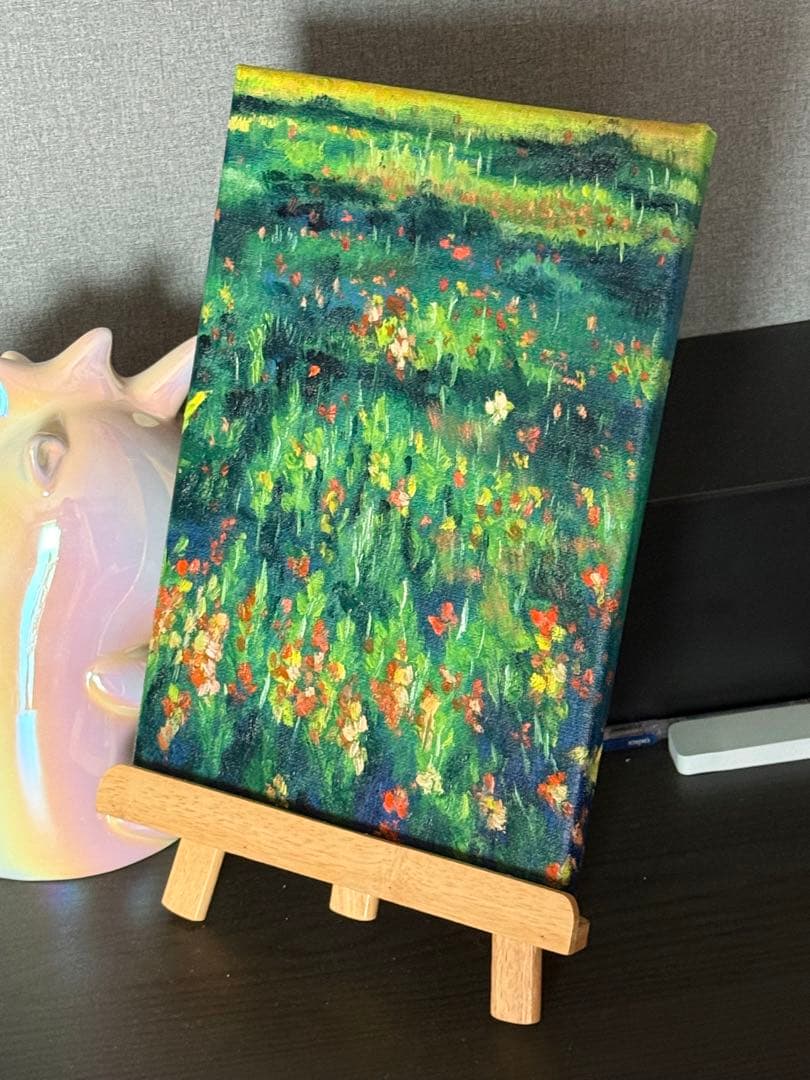 「花畑の夕陽」　手描き　油絵　風景画　原画　油彩画　印象派