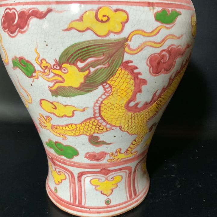 古玩赤絵花瓶・時代中国花器・粉彩色絵瓶・黄龍五爪・始皇帝・煎茶道具