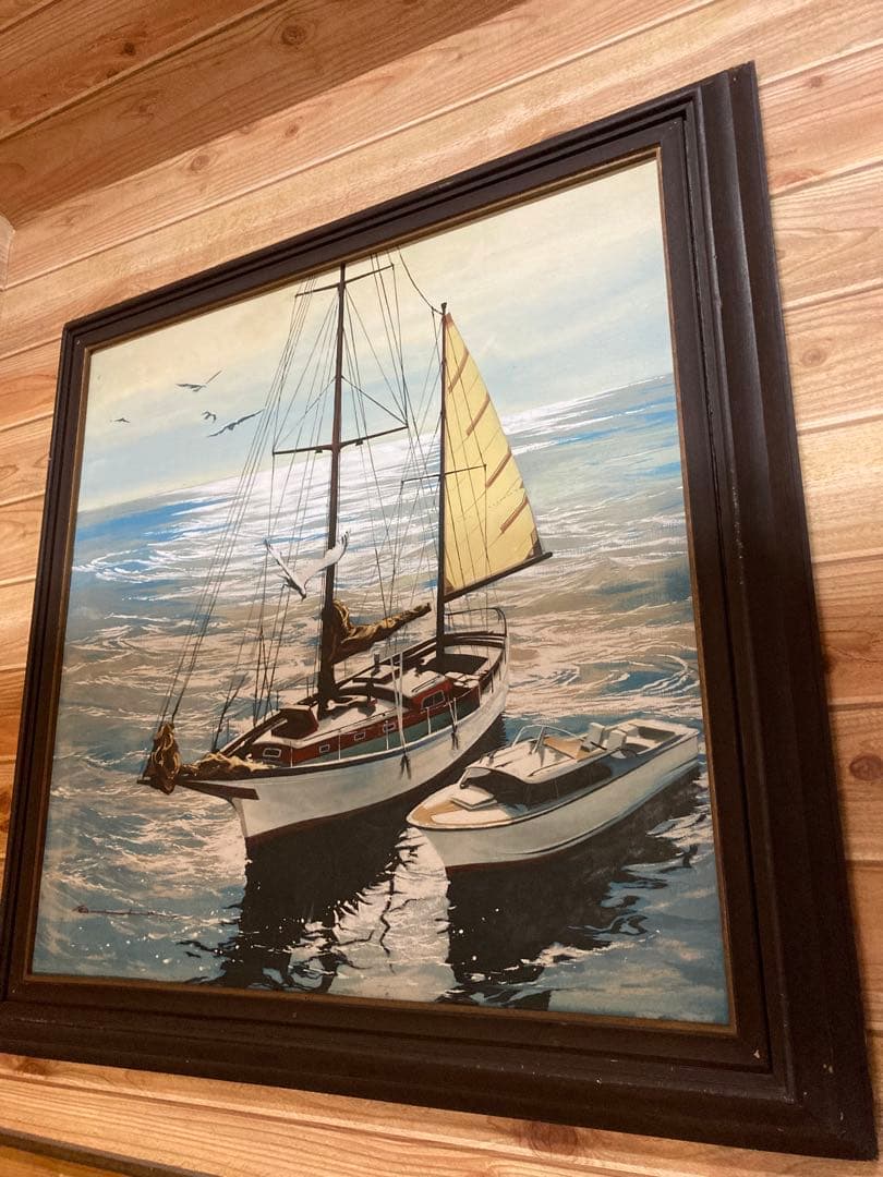 帆船の油彩画 ダークブラウンフレーム　絵画　壁掛　アンティーク