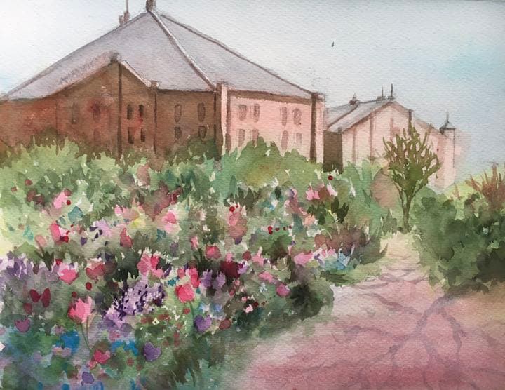 水彩画原画花咲く横浜赤煉瓦の道