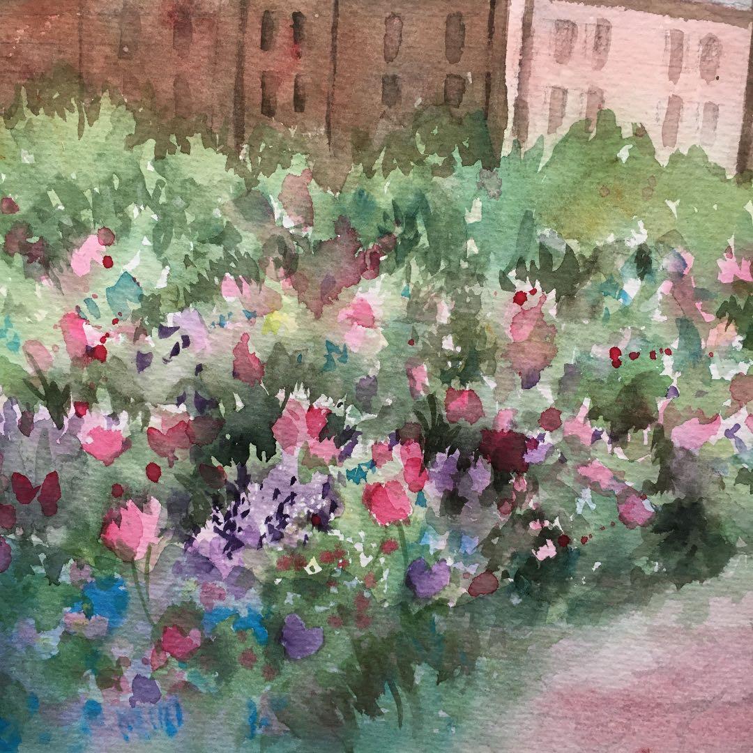 水彩画原画花咲く横浜赤煉瓦の道