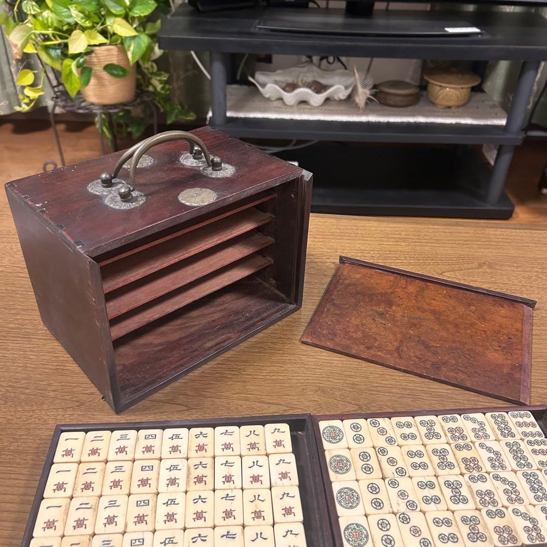 【背竹牌】唐木箱付き麻雀牌 アンティーク 骨牌 骨董 中国 当時物