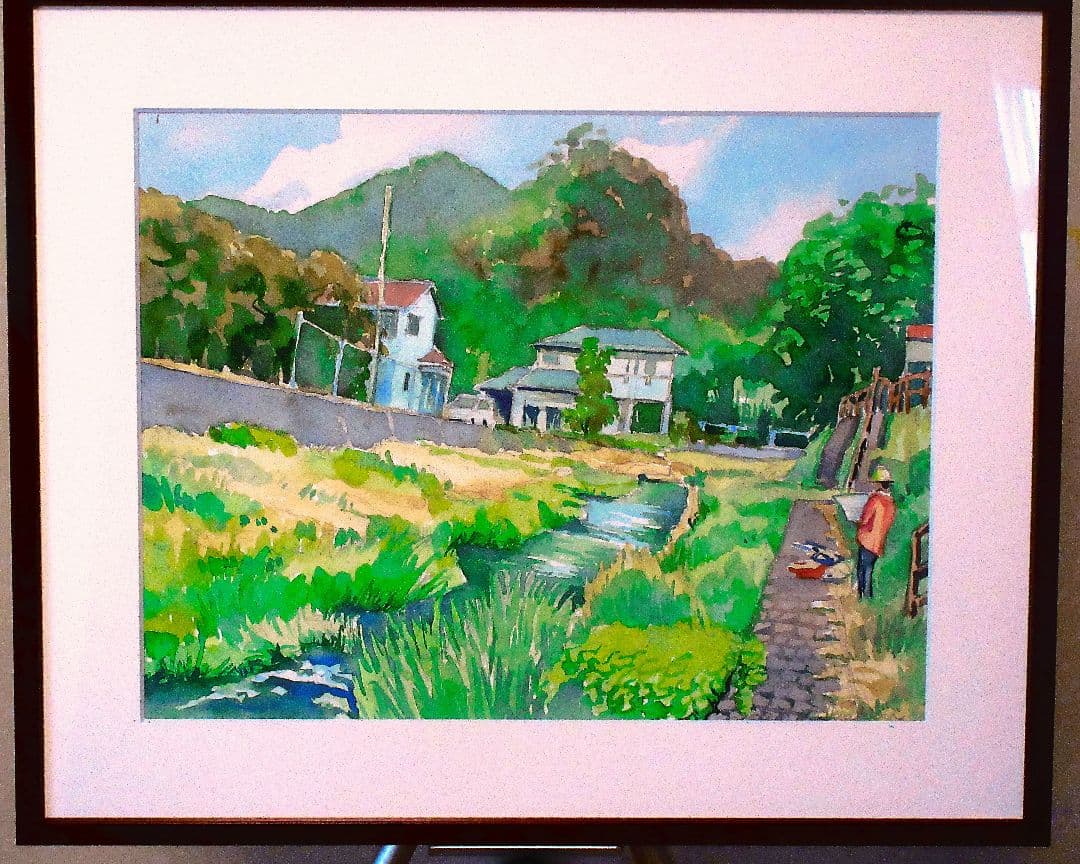 小川でスケッチ(愛川町) 水彩画 額装済み