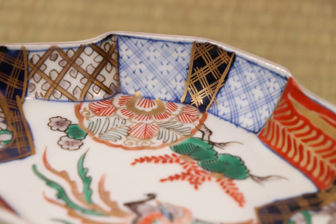 【CM52】古伊万里 桐鳳凰図 変形 刺身皿 五客 鶴 金彩 錦手 菱形 向付