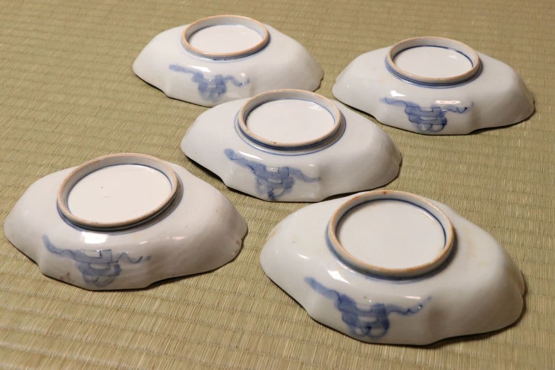 【CM52】古伊万里 桐鳳凰図 変形 刺身皿 五客 鶴 金彩 錦手 菱形 向付