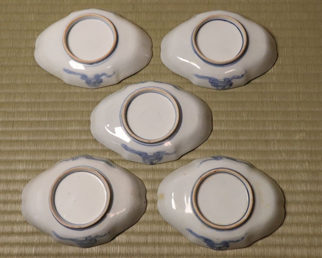 【CM52】古伊万里 桐鳳凰図 変形 刺身皿 五客 鶴 金彩 錦手 菱形 向付